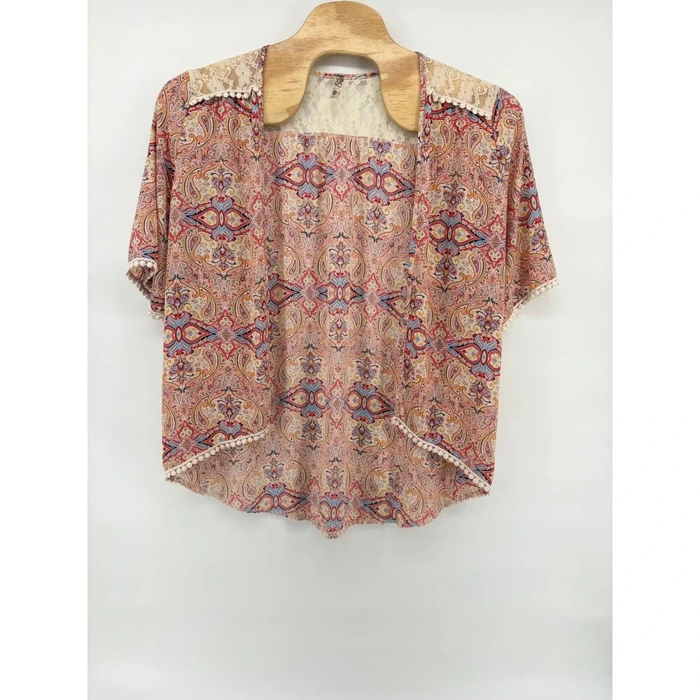 Bella D Womens Open Front Short Sleeve Kimono Cardigan Paisley Lace Trim ‎ XL
